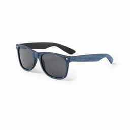 A pair of sunglasses with a denim-patterned frame and dark lenses, featuring a black temple.