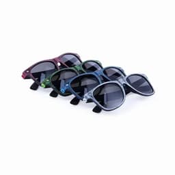 A set of four sunglasses in burgundy, green, blue, and grey, featuring black lenses and a logo on the frame.