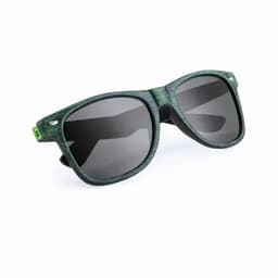 A pair of green wooden-style sunglasses with dark lenses and silver accents.