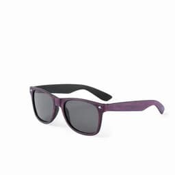 A pair of sunglasses with purple wooden frames and black arms, featuring dark lenses and a logo on the side.