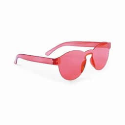 A pair of red sunglasses with a sleek, modern design and transparent frames. They have a unique, angular shape.