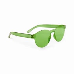 Sunglasses with a transparent green frame and lenses, featuring a unique, modern shape.