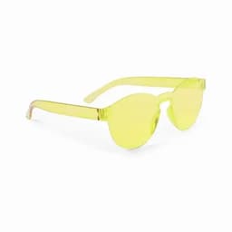 A pair of yellow sunglasses with a transparent frame and round lenses, featuring a minimalistic design.