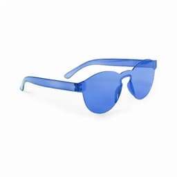 A pair of blue sunglasses with a unique, curved design and transparent frames.