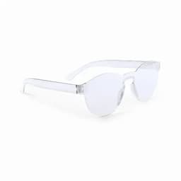 A pair of transparent sunglasses with clear lenses and a minimalist design, featuring clear arms.