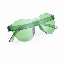 A pair of oversized green sunglasses with a transparent frame and large lenses.