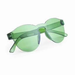 A pair of transparent green sunglasses with a playful, oversized design and a minimalist frame.
