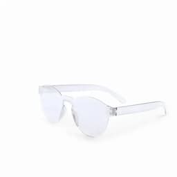 A pair of clear, transparent sunglasses with a modern, minimalist design and curved lenses.