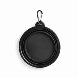 A round black promotional item with a carabiner clip, featuring a raised rim and a smooth centre.