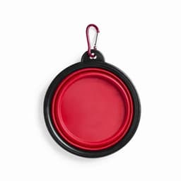 A collapsible silicone bowl in red and black with a carabiner for easy attachment.