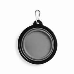 A black drink bottle with a grey interior and a metal carabiner attached. It features a round design.