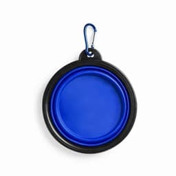 A collapsible dog bowl in blue and black, featuring a carabiner for easy attachment.