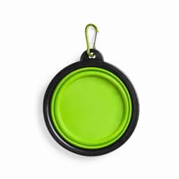 A portable collapsible bowl in black and vibrant green, featuring a carabiner for easy attachment.