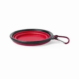 A collapsible pet bowl set in red and black, featuring a carabiner for easy attachment.