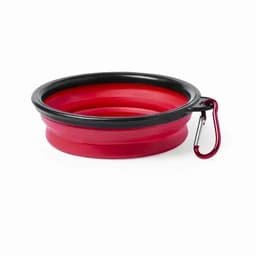 A collapsible pet bowl in red and black with a carabiner for easy attachment.