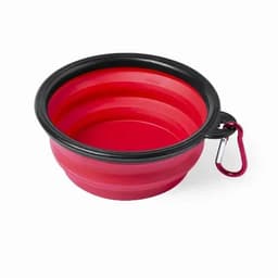 A collapsible pet bowl in red with a black rim and a carabiner for easy attachment.