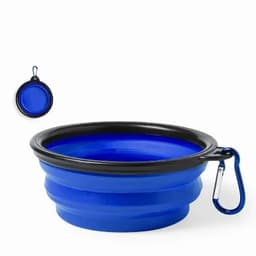A collapsible bowl in blue and black, featuring a carabiner for easy attachment.