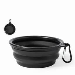 A collapsible black pet bowl with a carabiner for easy attachment and storage.