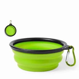 A collapsible pet bowl in vibrant green with a black rim, featuring a carabiner for easy attachment.