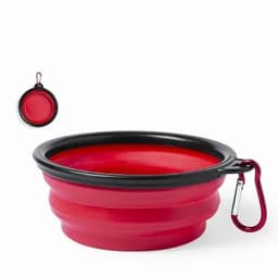 A red collapsible bowl with a black rim, featuring a carabiner for attachment. It has a logo on the side.