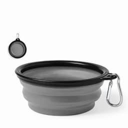 A collapsible pet bowl in grey and black with a carabiner clip for easy attachment.