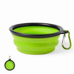 A collapsible pet bowl in bright green with black accents and a carabiner for easy attachment.