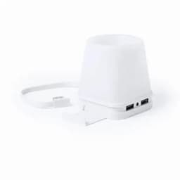 A white drink bottle with a unique cup shape, featuring a base with USB ports.