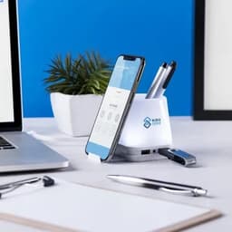 A desk organizer featuring a phone stand, pens, and a small plant, with a logo on the organizer.
