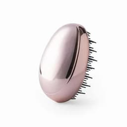 A hairbrush in a rose gold finish, featuring a smooth oval body and flexible bristles.