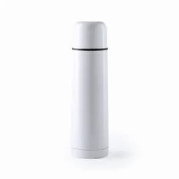 A drink bottle in white featuring a sleek design with a black band around the middle. It has a logo on it.