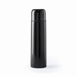 A drink bottle in a sleek black finish with a cylindrical shape and a cap. It features a branding logo.