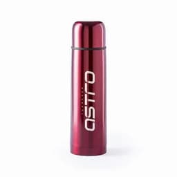 A drink bottle in a shiny red finish with a metallic look and a logo printed on the side.