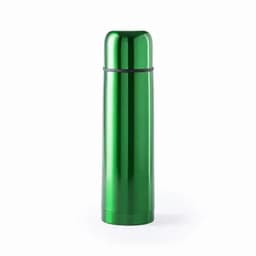 A green, shiny thermos with a smooth finish and a black band around the centre, featuring a logo.