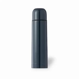A drink bottle in dark blue with a sleek, cylindrical design and a rounded top. It features a logo.