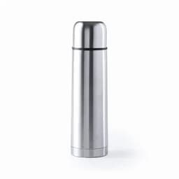 A drink bottle in a sleek stainless steel design with a shiny finish. The bottle features a logo.