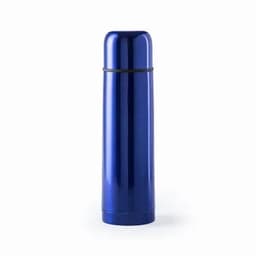 A drink bottle in a glossy blue finish, featuring a sleek design and a black accent band. It has a logo on the surface.