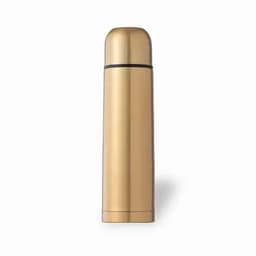A drink bottle in a sleek gold finish with a black band and a rounded top, featuring a logo.