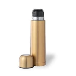 A drink bottle in a sleek gold finish, featuring a black cap and a silver interior. It has a logo on the surface.