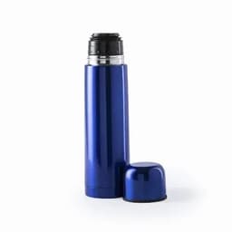 A blue drink bottle with a black cap, featuring a shiny surface and a separate lid. It includes a logo.
