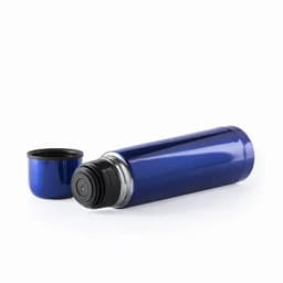 A drink bottle in a shiny blue finish, featuring a black screw cap and a silver band.