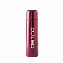 A drink bottle in a shiny red finish with a metal construction and a logo.