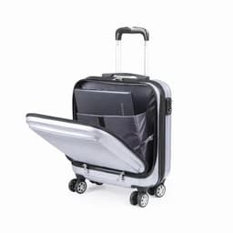 A silver hard-shell suitcase with four wheels, featuring an open compartment and an interior divider.