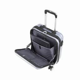A silver wheeled suitcase with a zippered compartment, featuring a laptop sleeve and multiple organisational pockets.