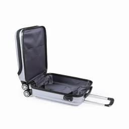 A silver suitcase with a retractable handle and wheels, featuring an open compartment and a dark interior.