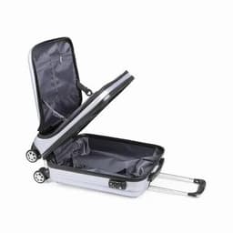 A suitcase with a silver exterior, featuring an open compartment and retractable handle, ready for packing.