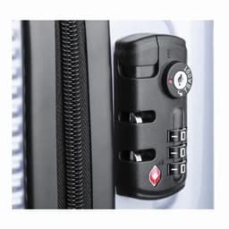 A black combination lock attached to a zipped compartment, featuring three rotating dials and a logo.