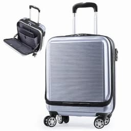 A suitcase in silver with a ribbed design, featuring a zippered compartment and wheels for easy mobility.