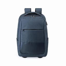 A navy blue backpack with a front zip pocket and two side pockets, featuring padded shoulder straps.