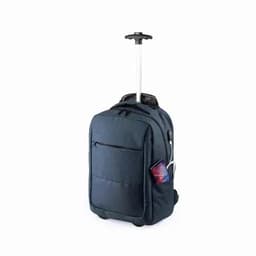 A navy blue wheeled backpack with a retractable handle and a front pocket. It has a logo on the side.