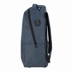A wheeled backpack in navy blue featuring a side pocket and adjustable straps. Includes a branding logo.